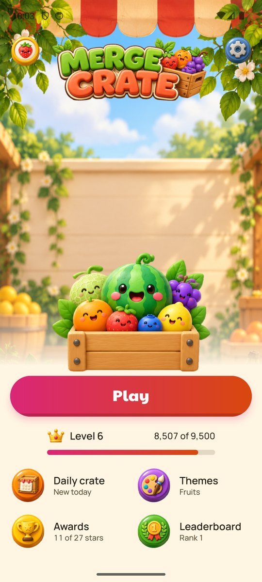The Merge Crate home screen: a crate of fruit over the Play button